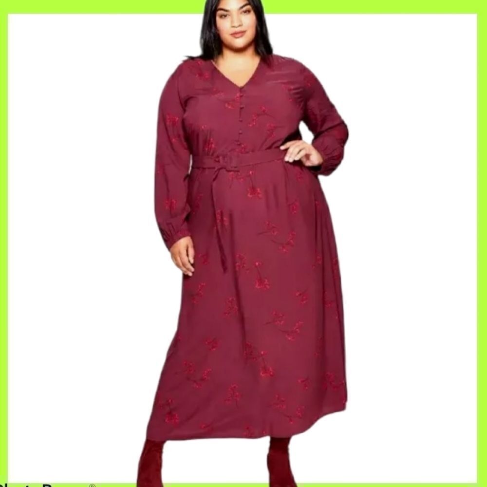 AVA & VIV  Womens Burgundy Floral Long Sleeve dres